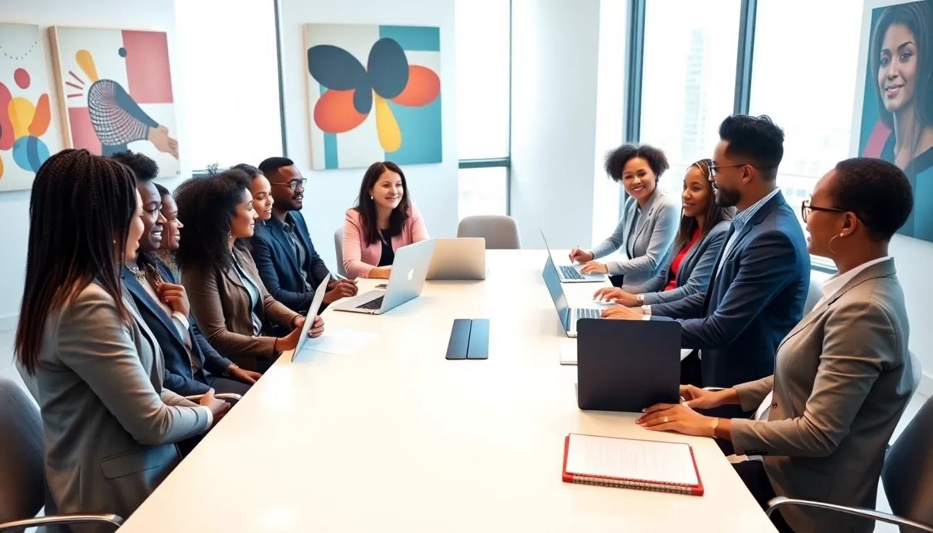 diverse group discussing ideas in a modern office setting.