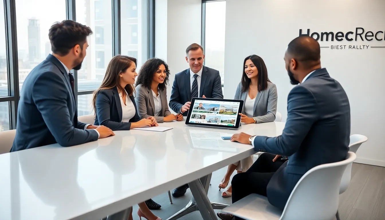 real estate professionals discussing listings in a modern office setting.
